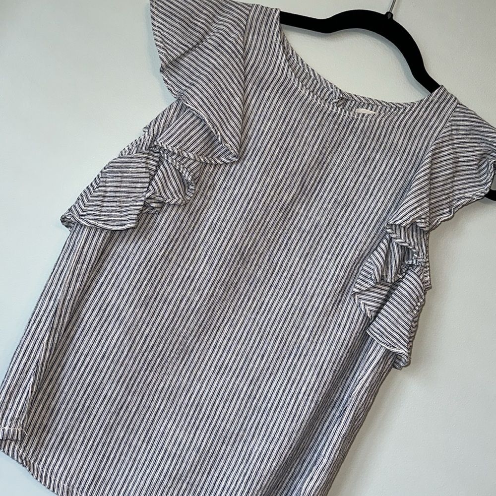 J Crew Linen Blend Flutter Sleeve Striped Top